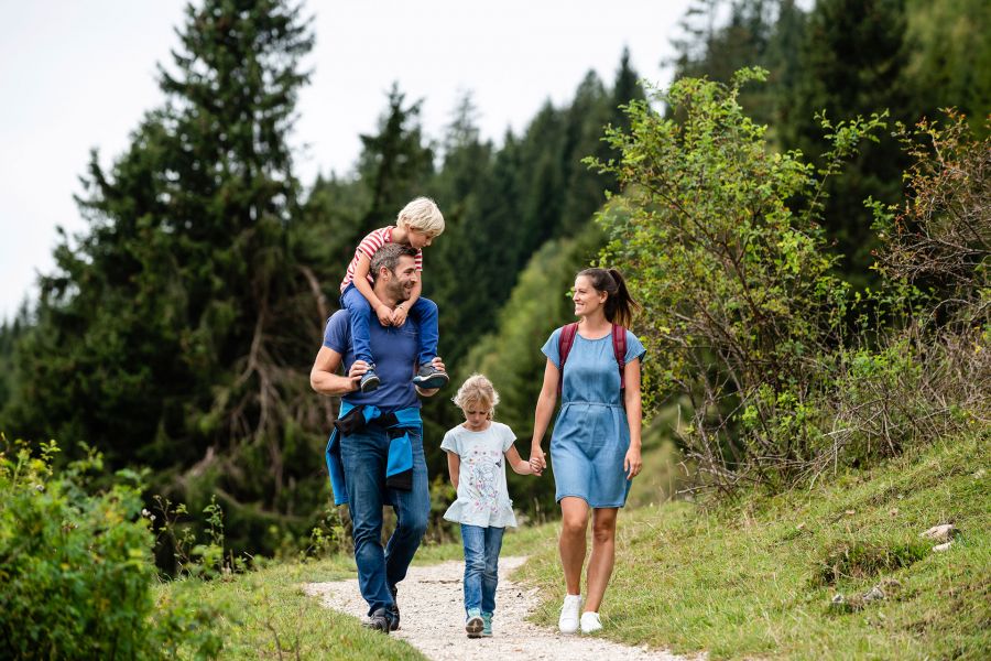 Eine vierköpfige Familie geht durch die Natur wandern, der Junge auf den Schultern des Mannes.